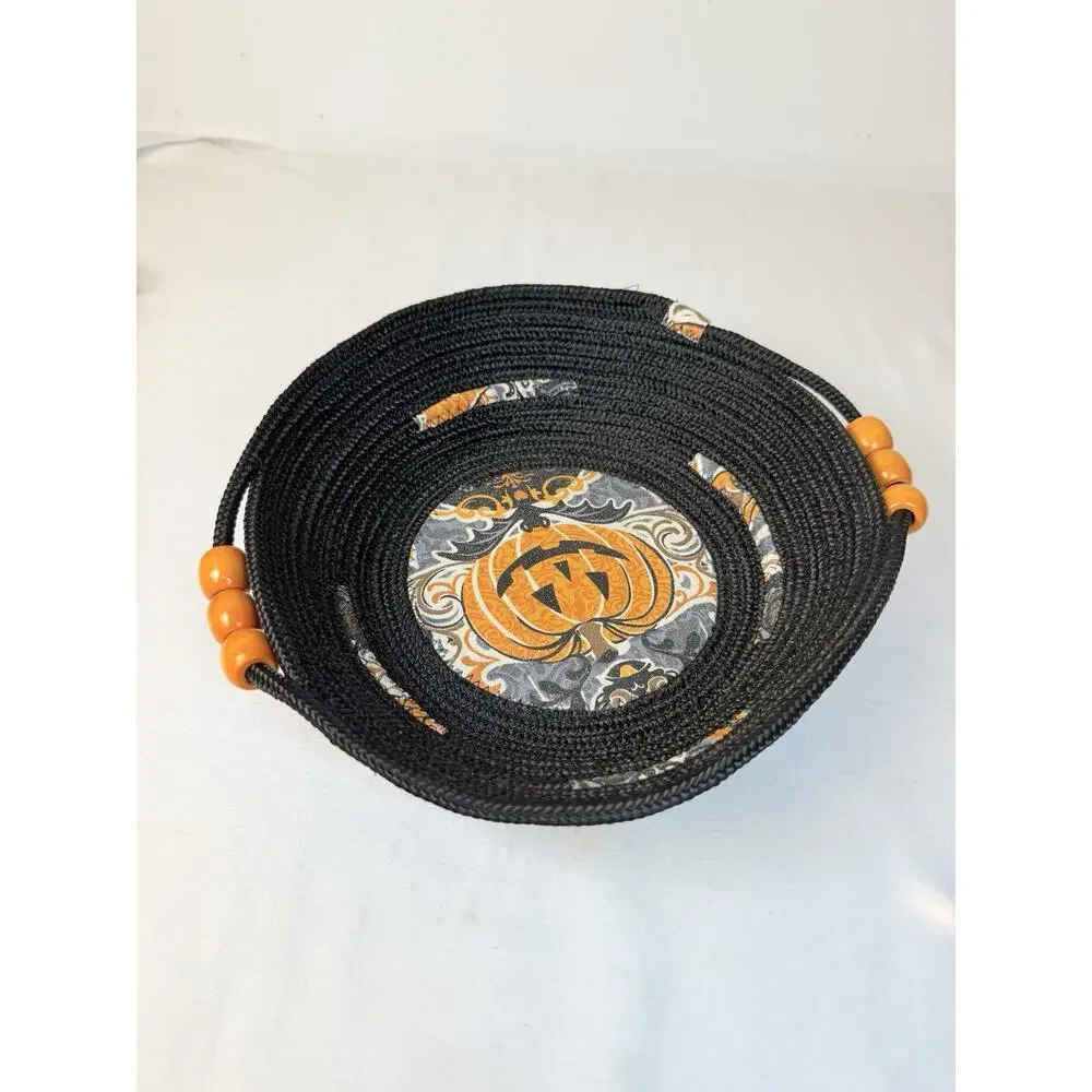 Small Handmade Halloween Coiled Fabric Rope Basket Jack O Lantern Bowl